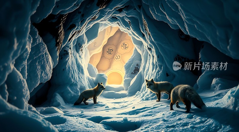 雪地洞穴中的两只狐狸