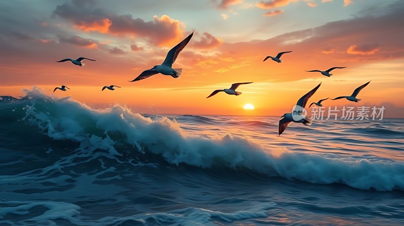 海鸥翱翔日落时分的海洋