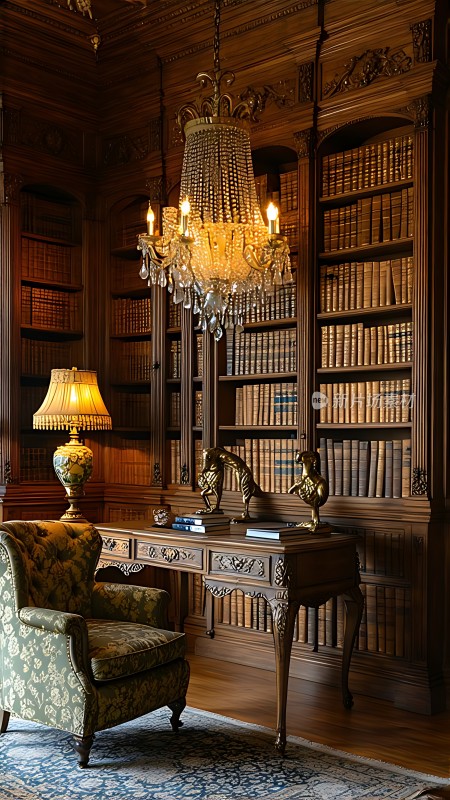 古董书架与吊灯下的优雅书房
