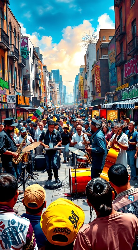 街头乐队激情演奏观众热情围观