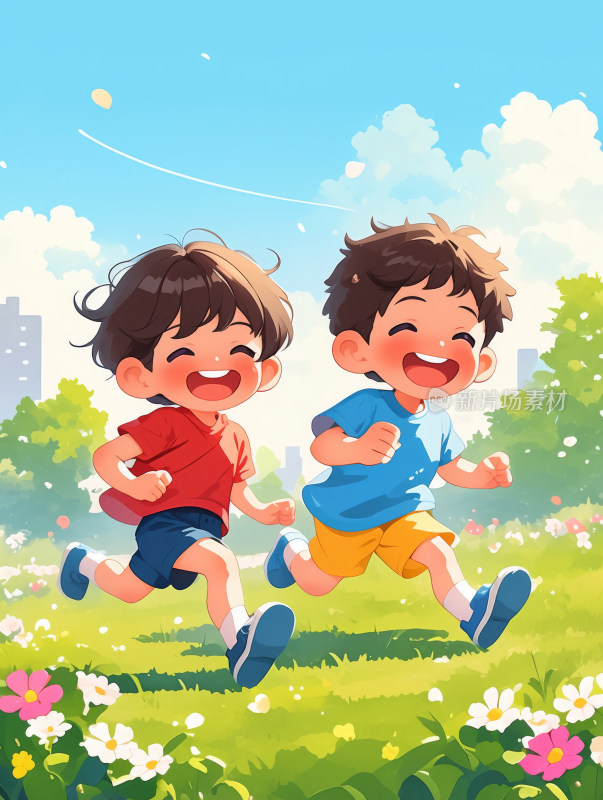 阳光下的快乐笑容的孩子奔跑