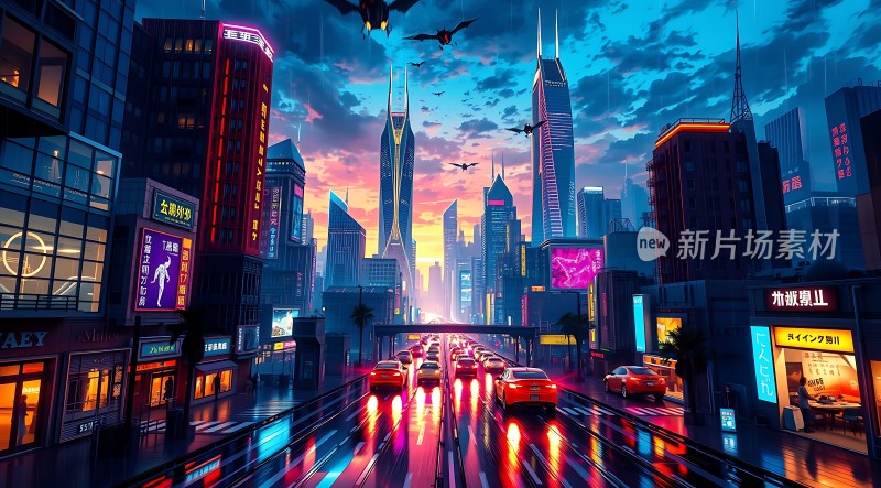 未来都市夜色繁华霓虹闪烁车流不息