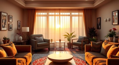 温馨客厅阳光洒落舒适沙发精美装饰