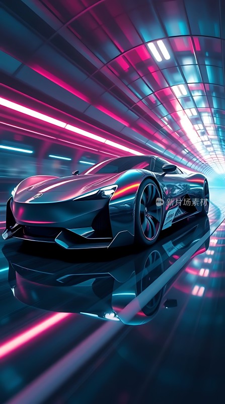 未来科技感跑车穿越霓虹隧道