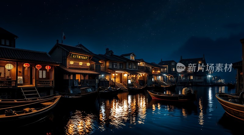 夜幕下的古色水乡灯火阑珊映照河面