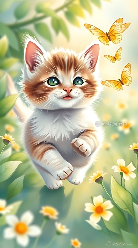 小猫与蝴蝶共舞于花丛间