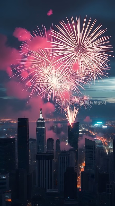 璀璨烟花点亮夜空下的摩天大楼