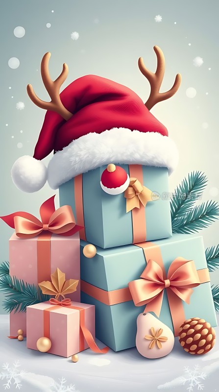 圣诞礼物堆叠顶部有红色圣诞帽和鹿角装饰