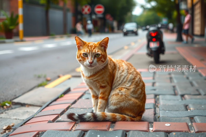 一只猫坐在摩托车旁边的人行道上高清图片