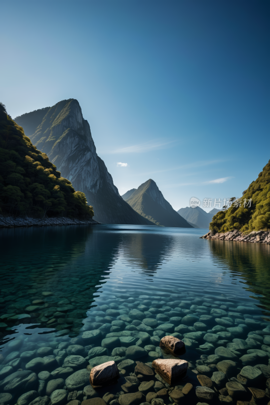 一大片水面里面有岩石高清风景图片