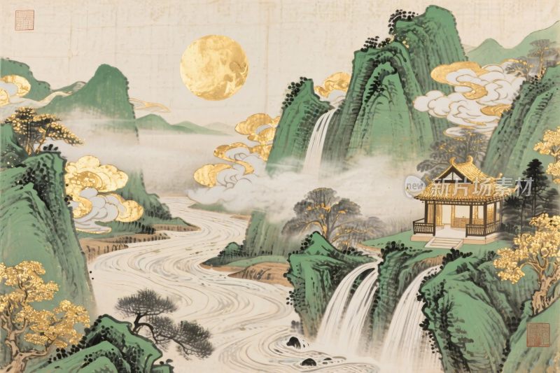 中式山水月夜风景图