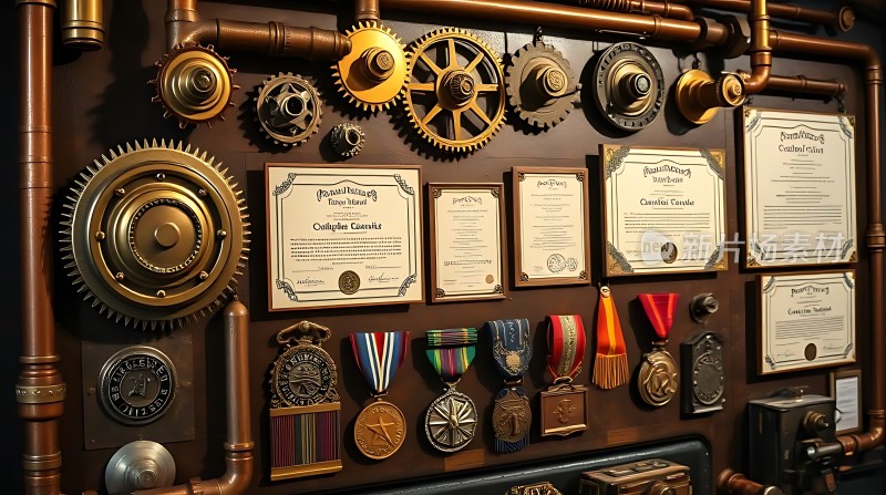 蒸汽朋克风格的荣誉墙齿轮、证书与勋章