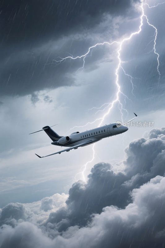 暴风雨中飞机遇雷电