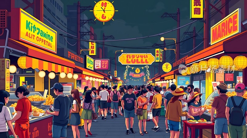 夜市繁华美食琳琅人群熙攘霓虹闪烁
