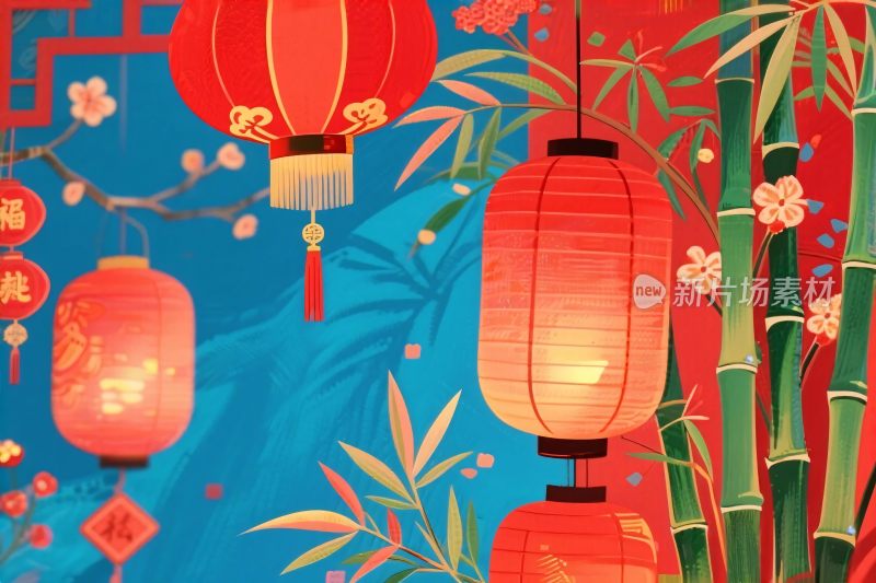 中国风灯笼竹子插画