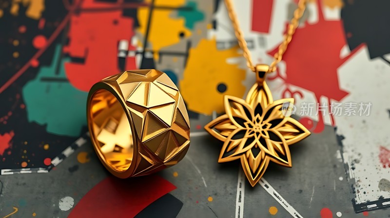 黄金戒指与项链的艺术展示