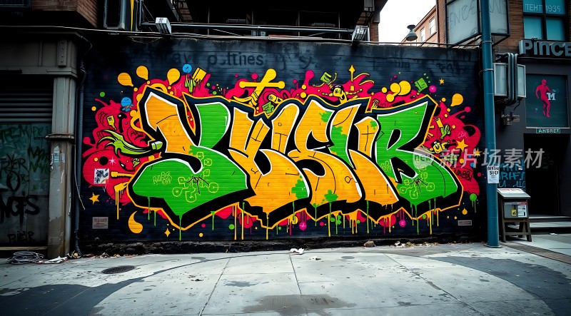 街头艺术色彩斑斓的涂鸦墙