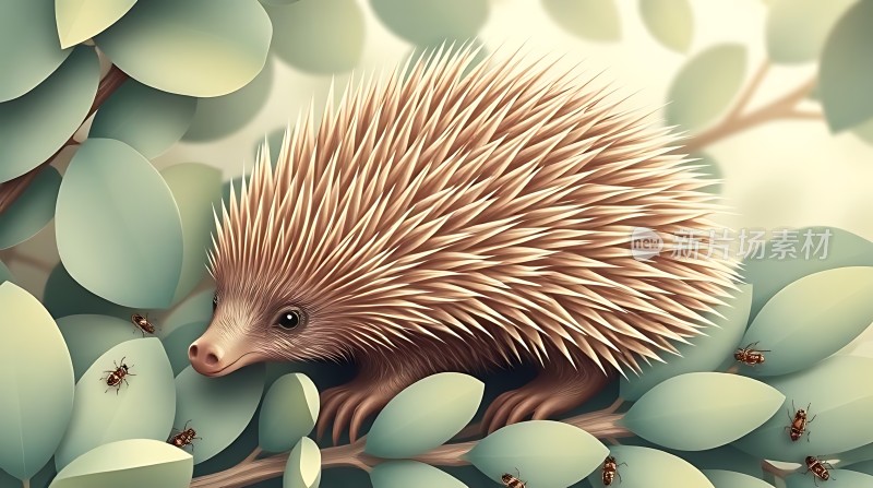 树丛中的小刺猬与昆虫