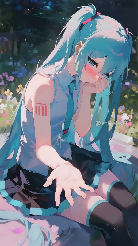 蓝发少女静坐花丛中