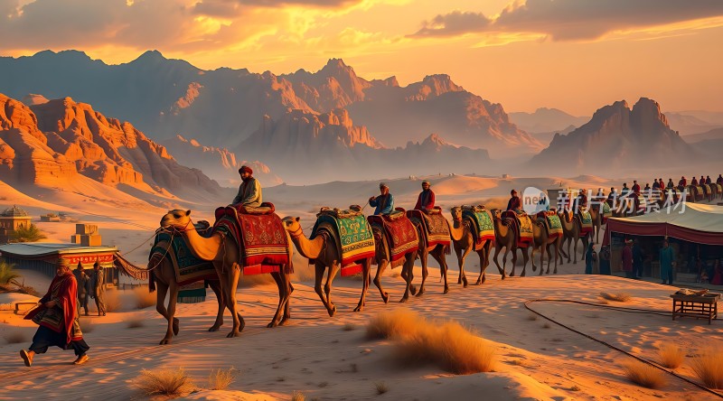 沙漠驼队日落行