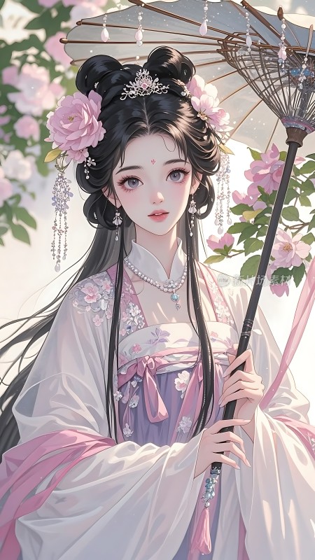 粉衣佳人撑油纸伞