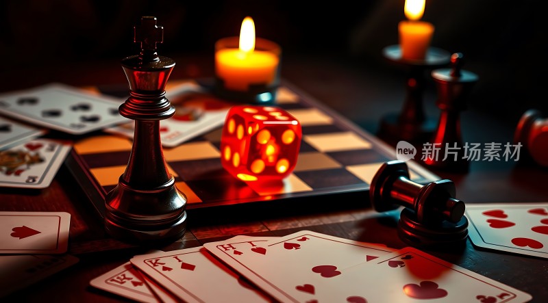 棋盘上的冒险国王、骰子和扑克牌