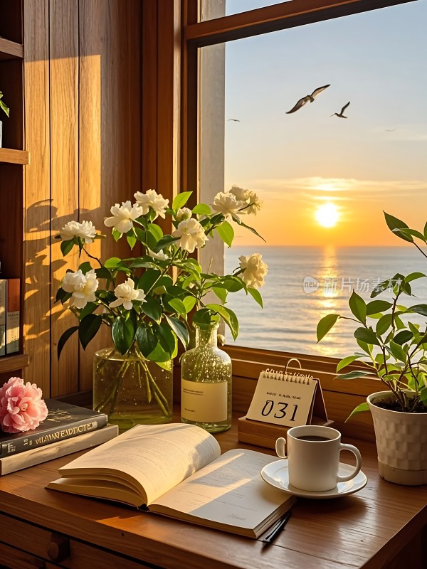窗边书香伴花影海天一色映斜阳