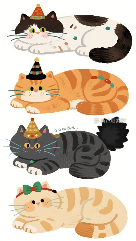 四只戴着生日帽的猫咪
