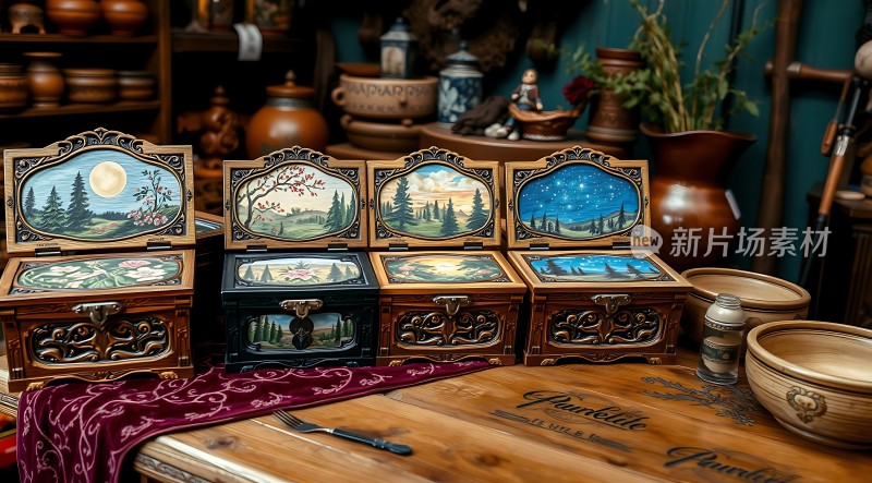 古董木盒艺术展示精美图案引人注目