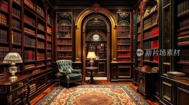 古典书房书架、地毯和椅子