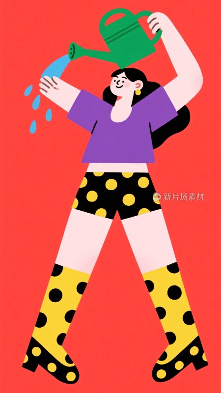 女孩手持喷壶浇水插画