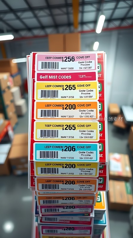 仓库中堆叠整齐的商品标签