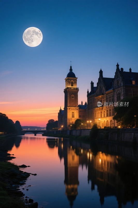 夜晚古建筑河流风景图