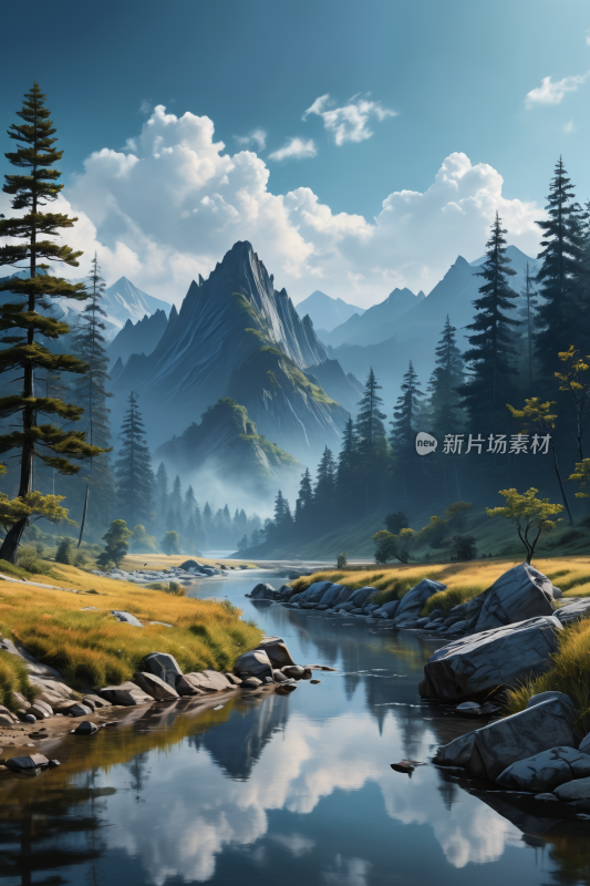 有溪流和树林山景高清插图片