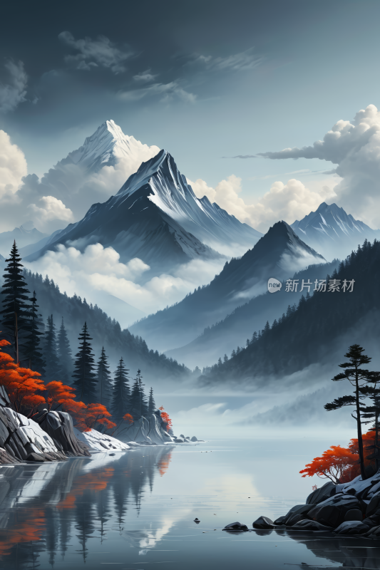 河流和树木的山景高清风景插画插图图片