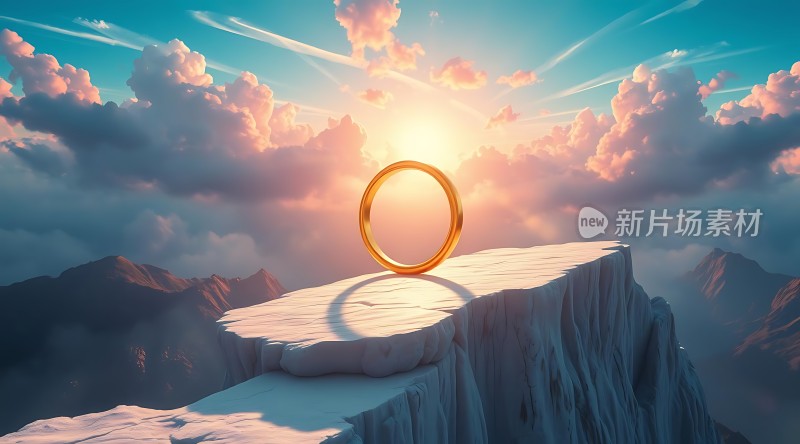 金色戒指置于云雾缭绕的山巅阳光洒落意境深远
