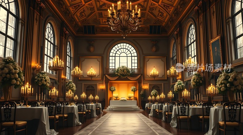 豪华宴会厅金色吊灯与白色花卉装饰典雅餐桌椅温馨氛围