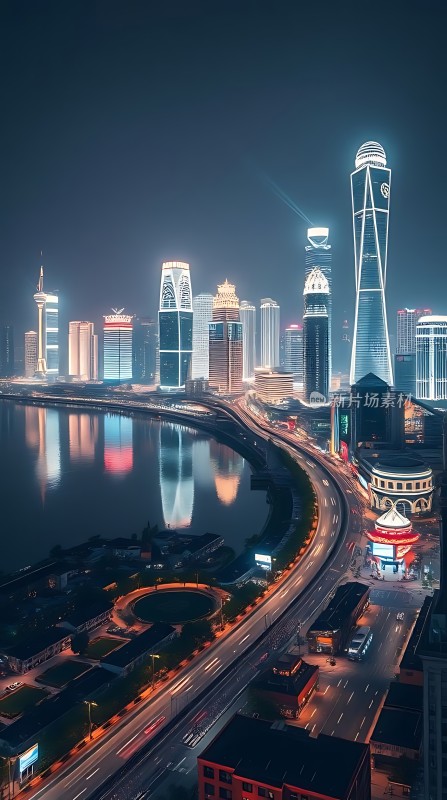 夜幕下的城市风光灯火辉煌的建筑群与宁静的水面交相辉映展现出现代都市的魅力