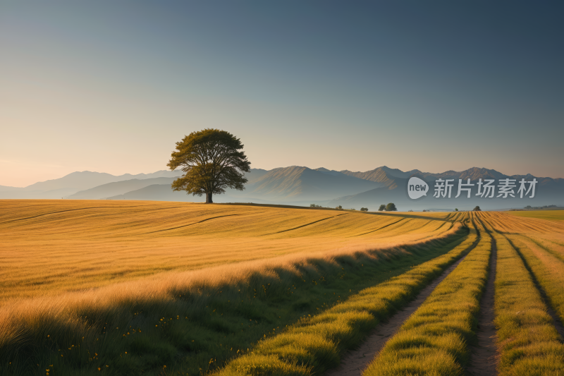 荒原上一棵孤独的树和一条土路高清风景图片