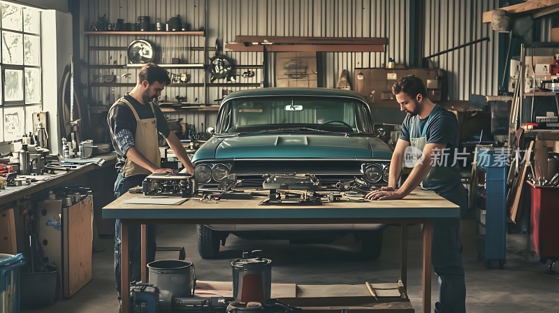 复古车库里的经典汽车维修