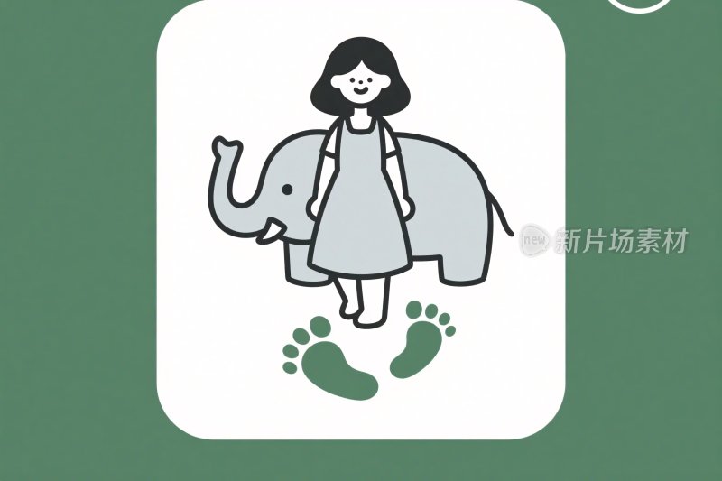 卡通女孩与大象脚印插画