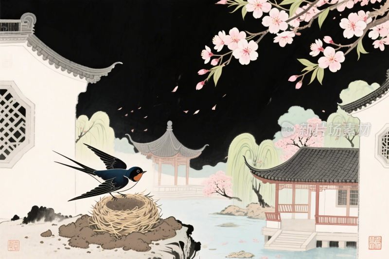 古风飞燕桃花插画