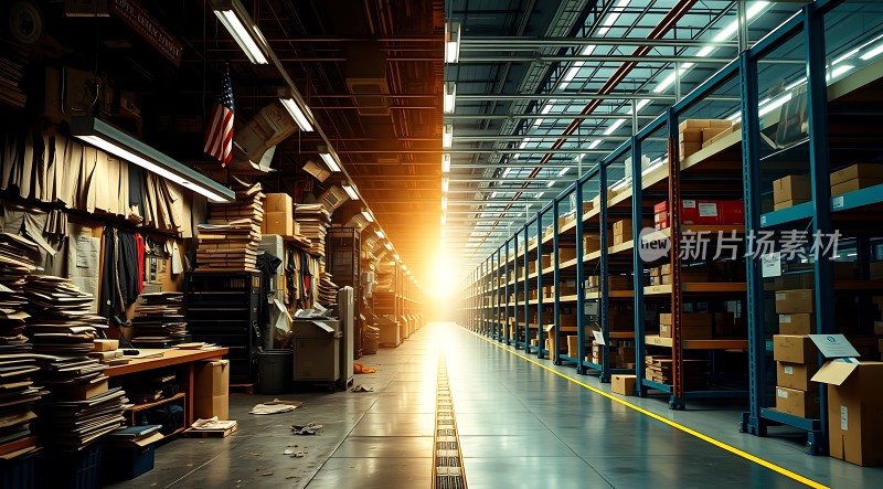 仓库深处阳光洒落物品整齐排列