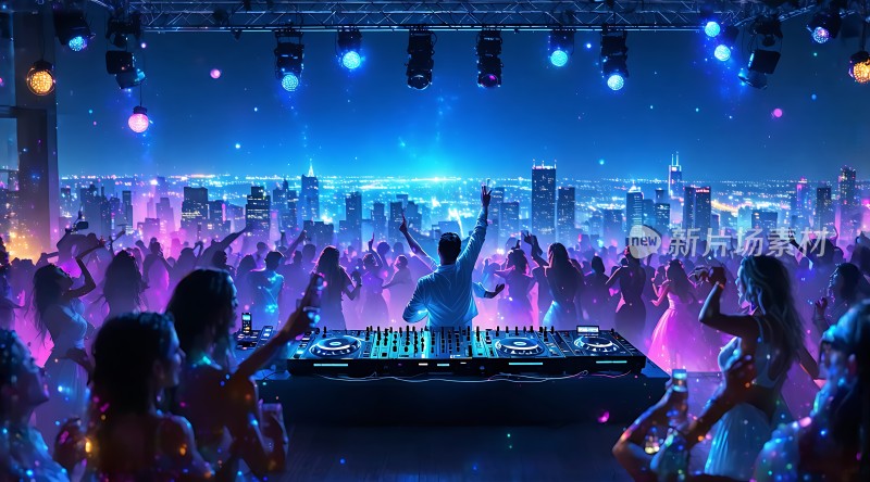 夜店狂欢DJ掌控全场灯光璀璨人群沸腾