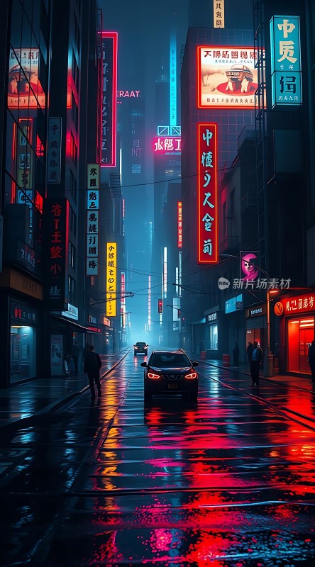 霓虹灯下的雨夜街头