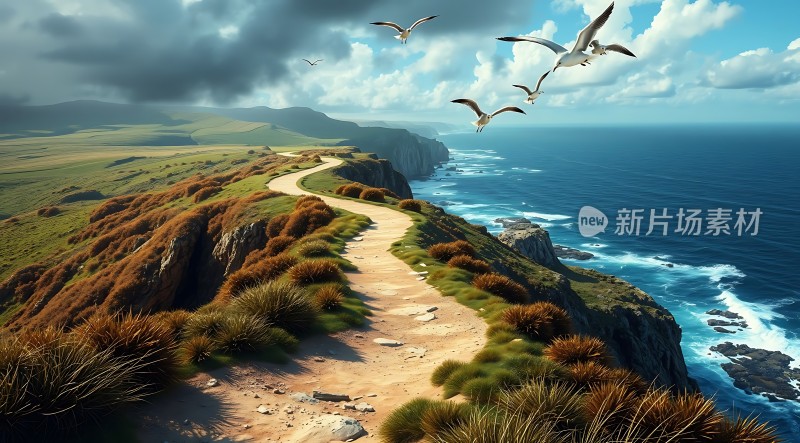 飞翔的海鸥与蜿蜒的小路