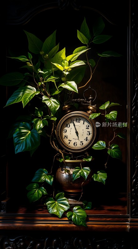 古铜时钟与绿叶共舞