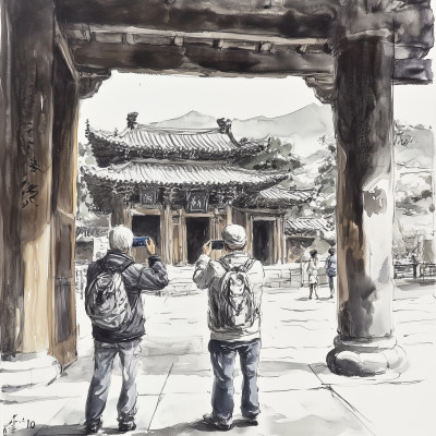 游客在古建筑前的摄影时刻插画