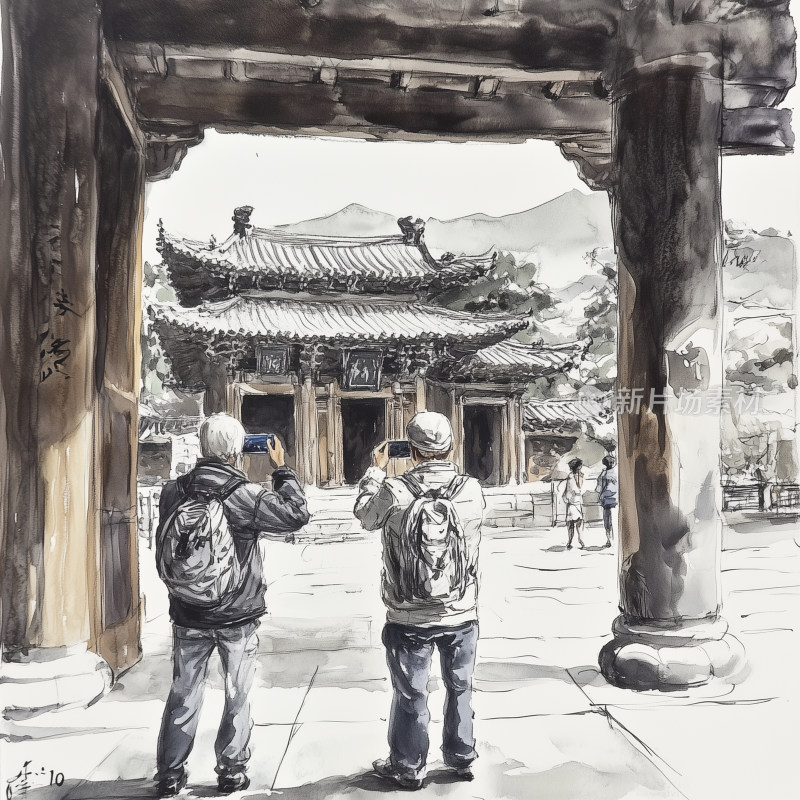 游客在古建筑前的摄影时刻插画