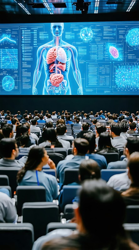 医学讲座现场观众专注观看人体解剖图展示